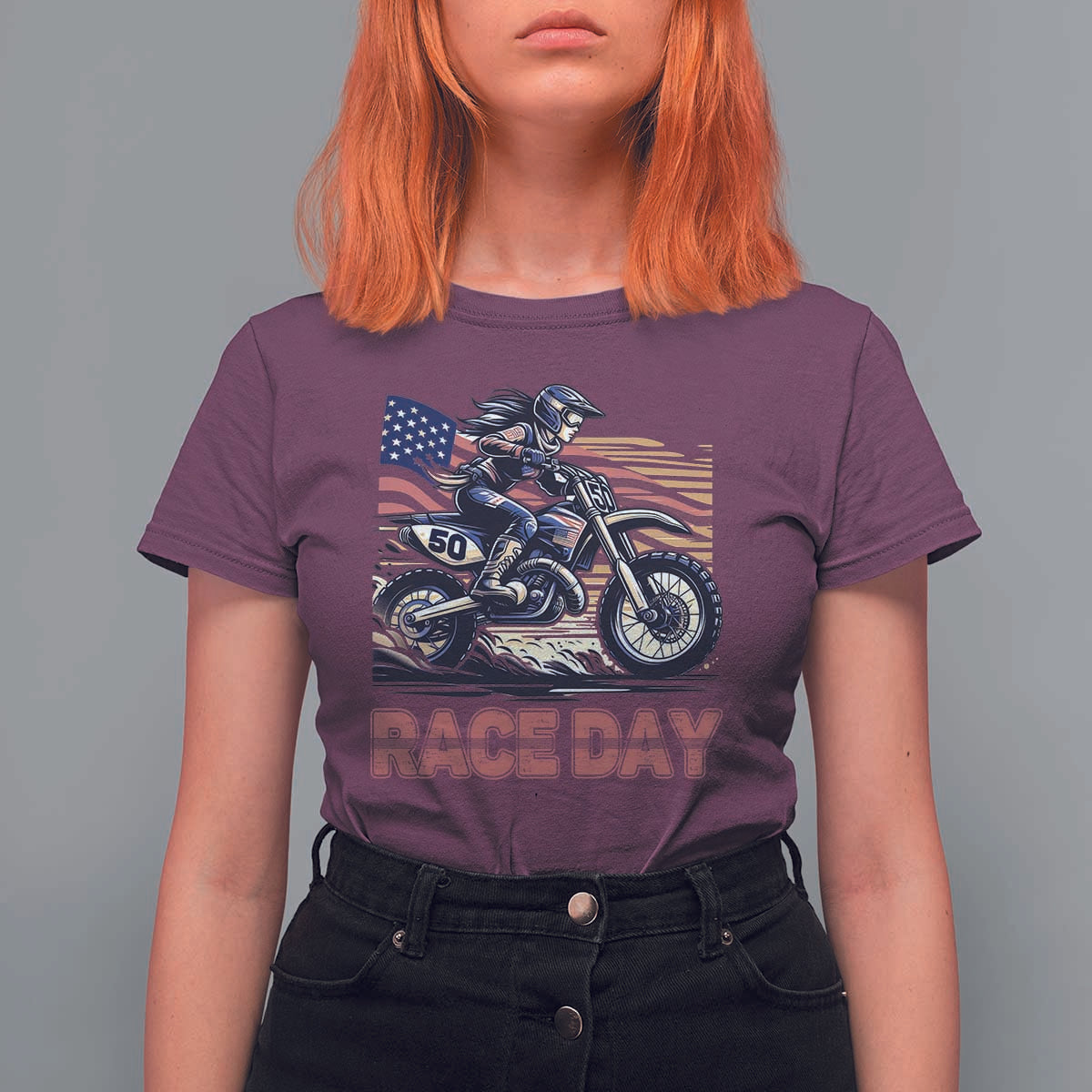 Dirt Bike Girl T Shirt For Women Patriotic Motocross American Flag Racing - Wonder Print Shop