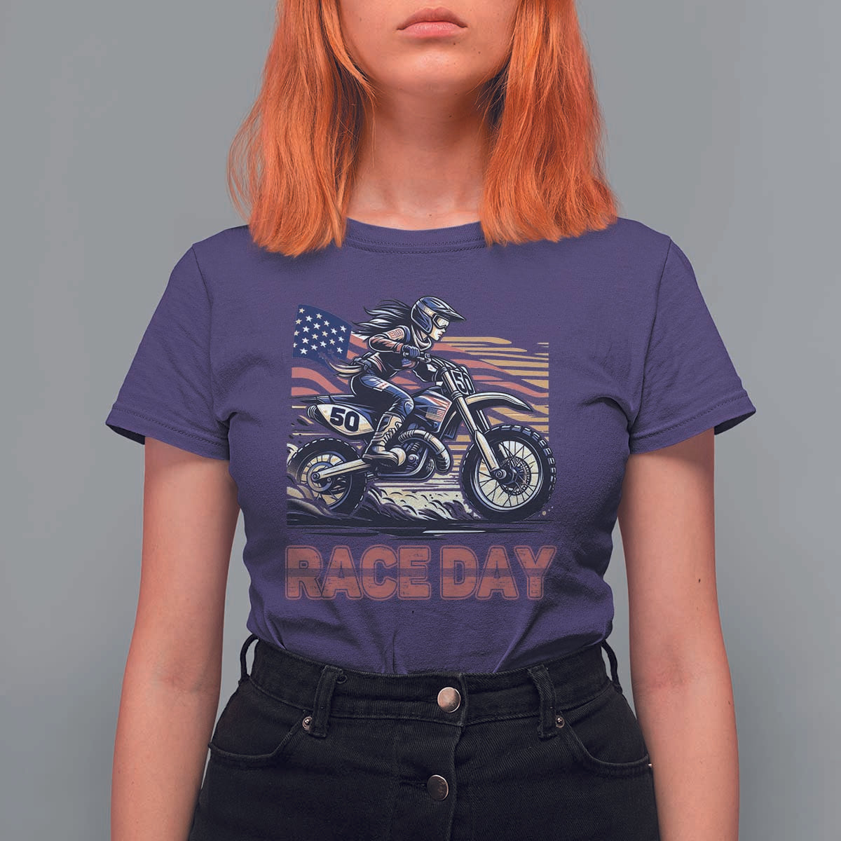 Dirt Bike Girl T Shirt For Women Patriotic Motocross American Flag Racing - Wonder Print Shop