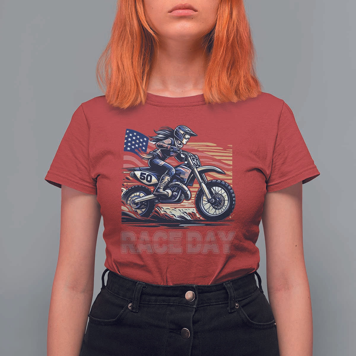 Dirt Bike Girl T Shirt For Women Patriotic Motocross American Flag Racing - Wonder Print Shop