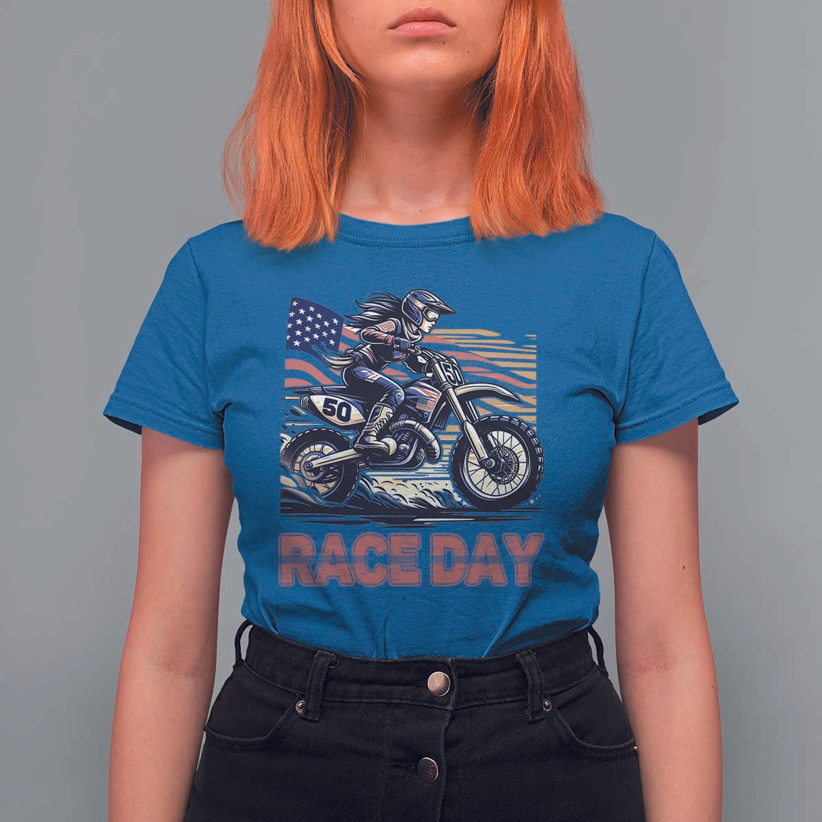 Dirt Bike Girl T Shirt For Women Patriotic Motocross American Flag Racing - Wonder Print Shop