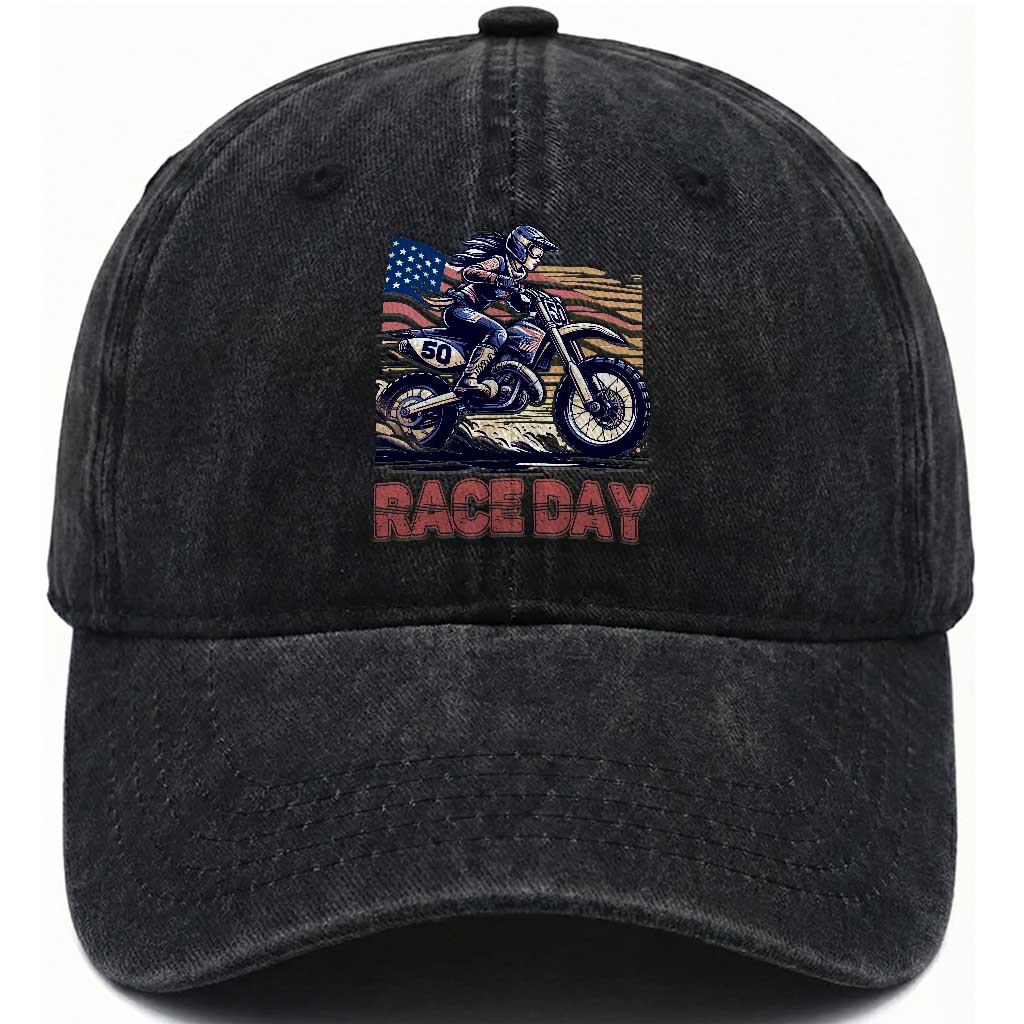 Dirt Bike Girl Washed Cotton Baseball Cap Patriotic Motocross American Flag Racing