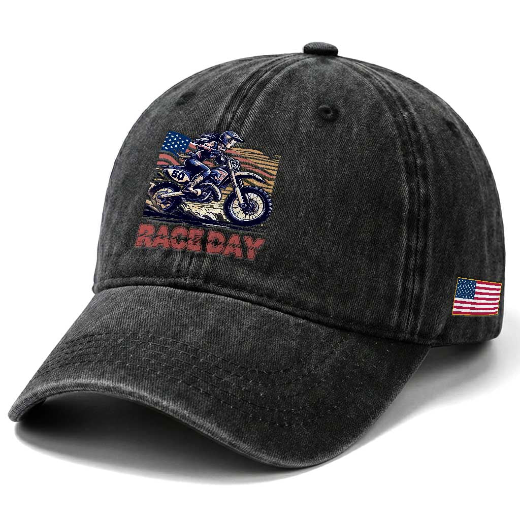 Dirt Bike Girl Washed Cotton Baseball Cap Patriotic Motocross American Flag Racing