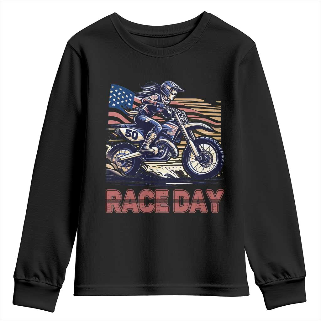 Dirt Bike Girl Youth Sweatshirt Patriotic Motocross American Flag Racing - Wonder Print Shop