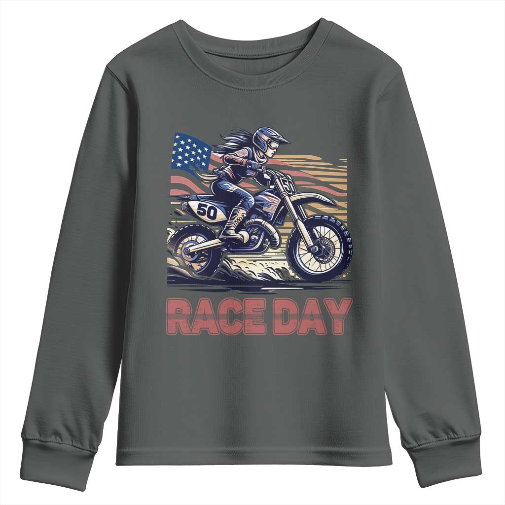 Dirt Bike Girl Youth Sweatshirt Patriotic Motocross American Flag Racing - Wonder Print Shop