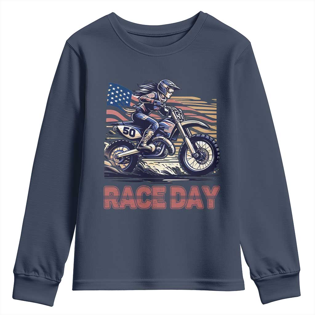 Dirt Bike Girl Youth Sweatshirt Patriotic Motocross American Flag Racing - Wonder Print Shop
