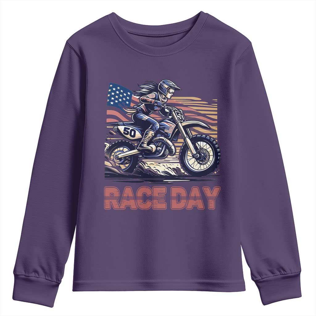 Dirt Bike Girl Youth Sweatshirt Patriotic Motocross American Flag Racing - Wonder Print Shop