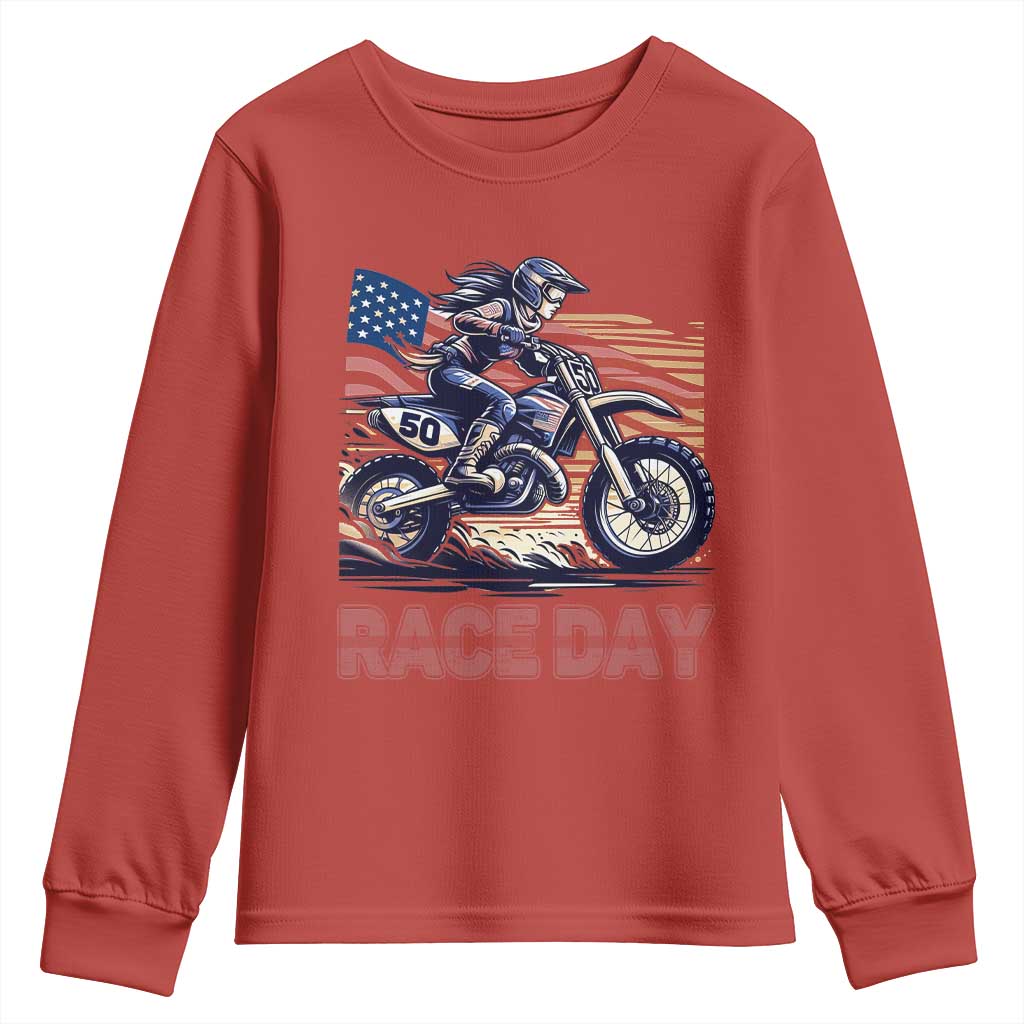 Dirt Bike Girl Youth Sweatshirt Patriotic Motocross American Flag Racing - Wonder Print Shop
