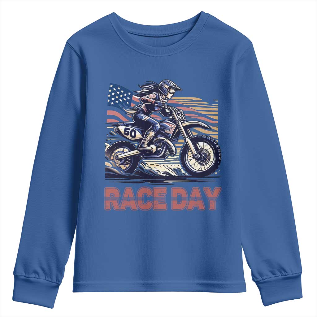 Dirt Bike Girl Youth Sweatshirt Patriotic Motocross American Flag Racing - Wonder Print Shop