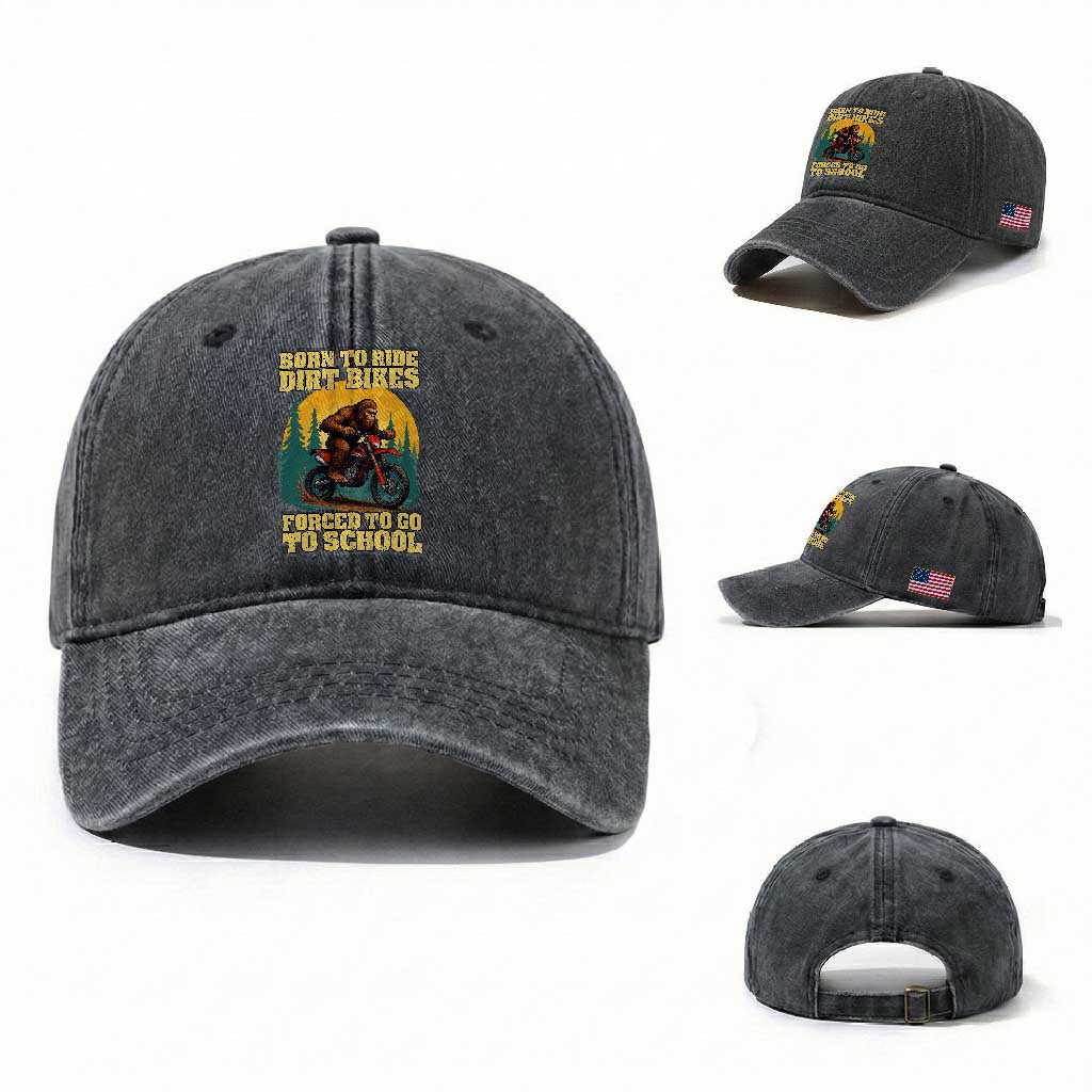 Funny Bigfoot Dirt Bike Washed Cotton Baseball Cap Born To Ride Dirt Bikes Forced To Go To School