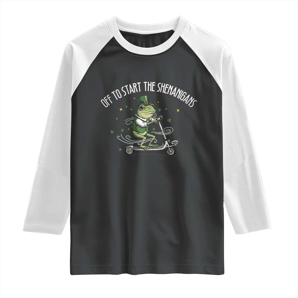 Funny Frog St Patricks Day Meme Raglan Shirt Off To Start The Shenanigans
