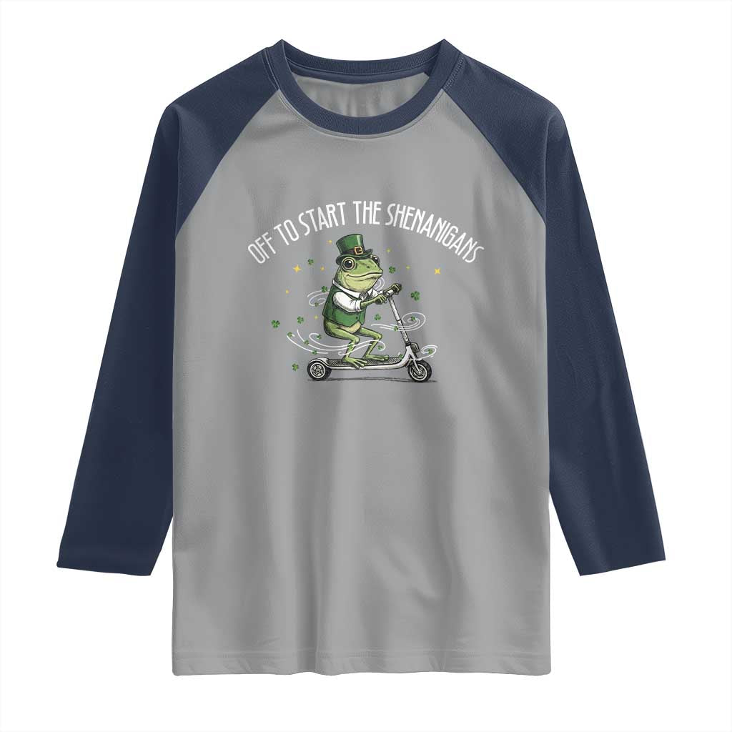 Funny Frog St Patricks Day Meme Raglan Shirt Off To Start The Shenanigans