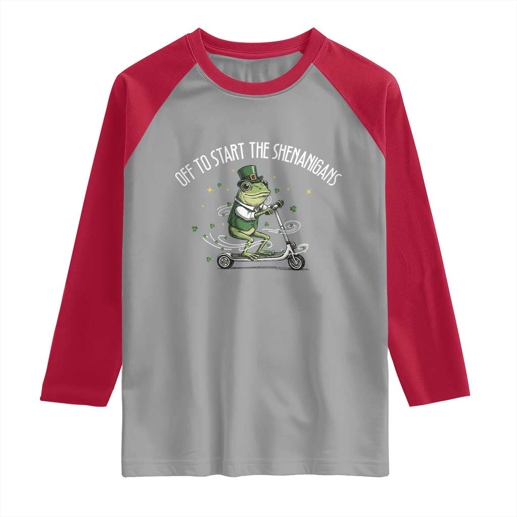 Funny Frog St Patricks Day Meme Raglan Shirt Off To Start The Shenanigans