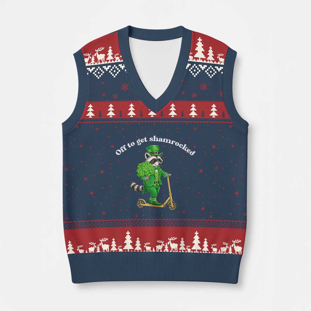 Funny Raccoon St Patricks Day Meme V-Neck Knit Sweater Vest Off To Get Shamrocked
