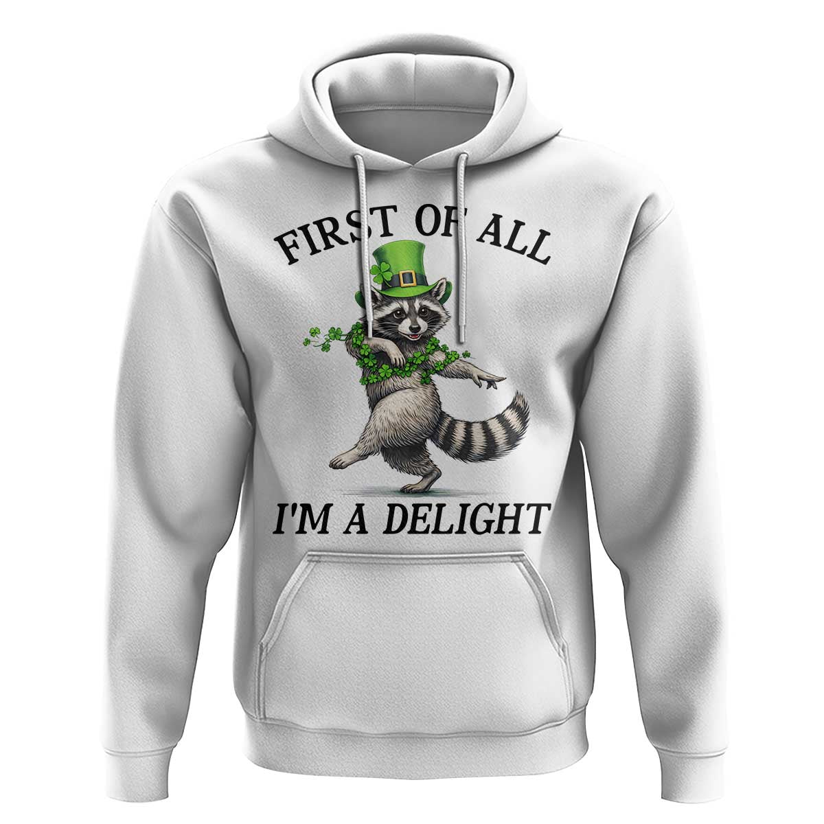 Funny Raccoon St Patricks Day Meme Hoodie First Of All I Am Delight