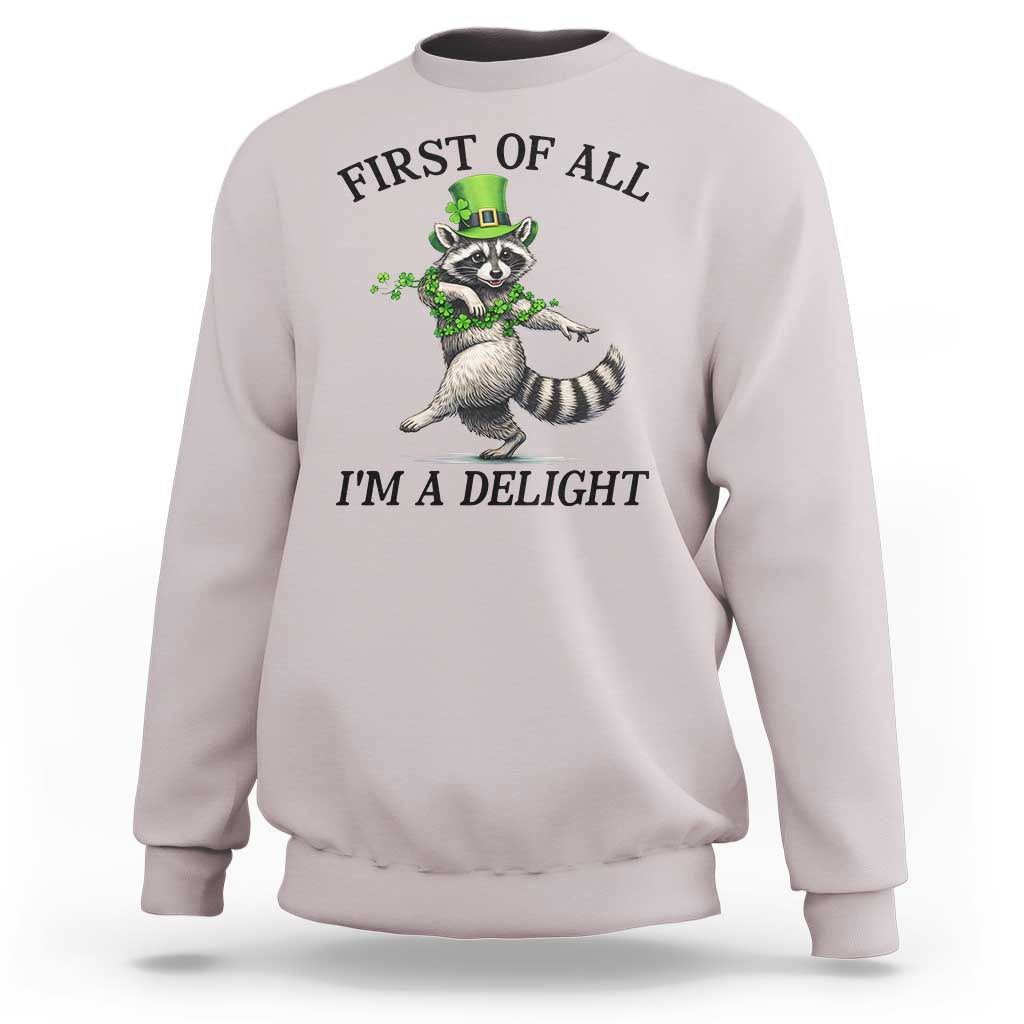 Funny Raccoon St Patricks Day Meme Sweatshirt First Of All I Am Delight