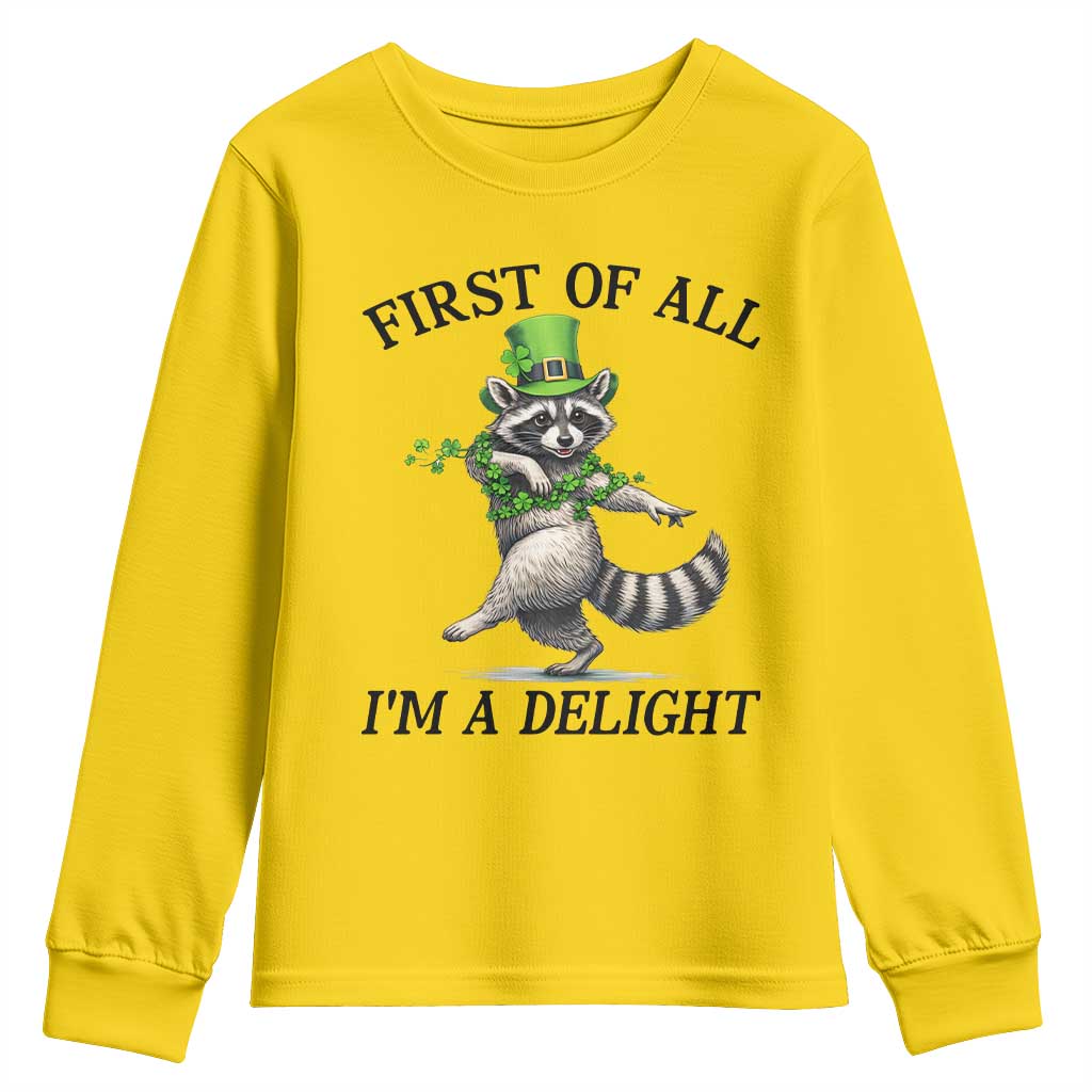 Funny Raccoon St Patricks Day Meme Youth Sweatshirt First Of All I Am Delight