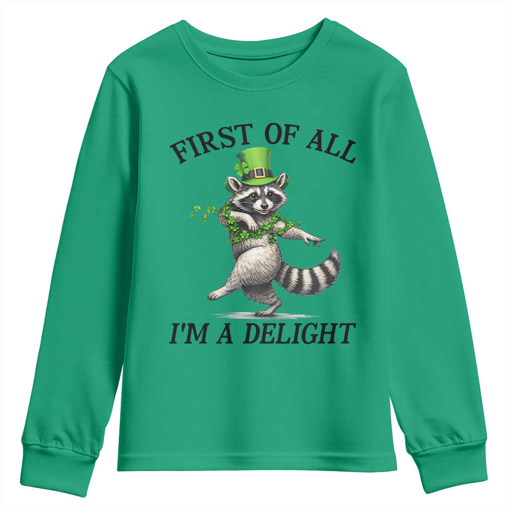 Funny Raccoon St Patricks Day Meme Youth Sweatshirt First Of All I Am Delight