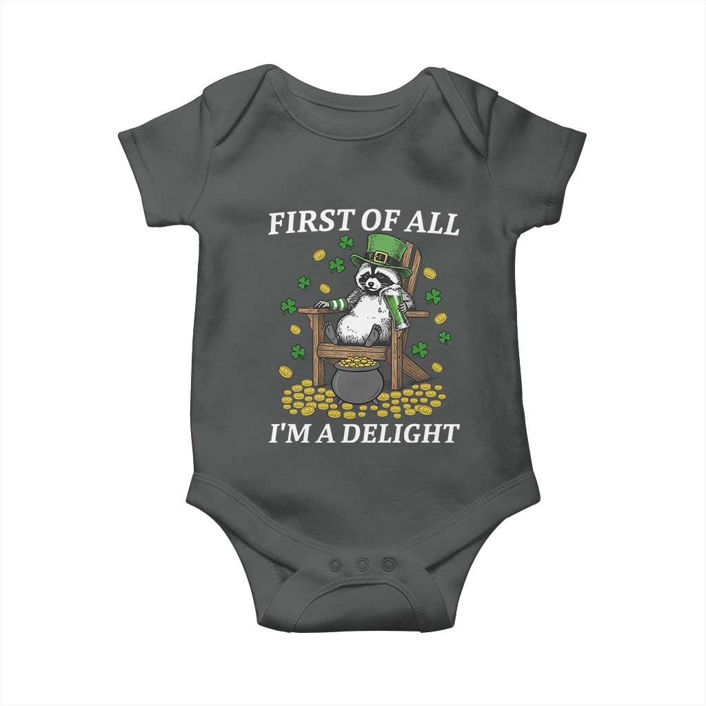 Funny St Patricks Day Raccoon Drinking Beer Baby Onesie First Of All I Am Delight