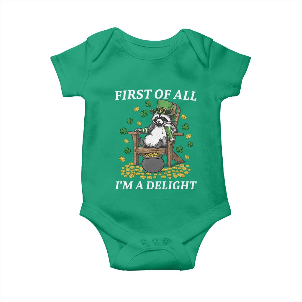 Funny St Patricks Day Raccoon Drinking Beer Baby Onesie First Of All I Am Delight