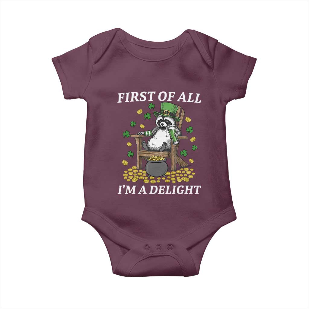 Funny St Patricks Day Raccoon Drinking Beer Baby Onesie First Of All I Am Delight