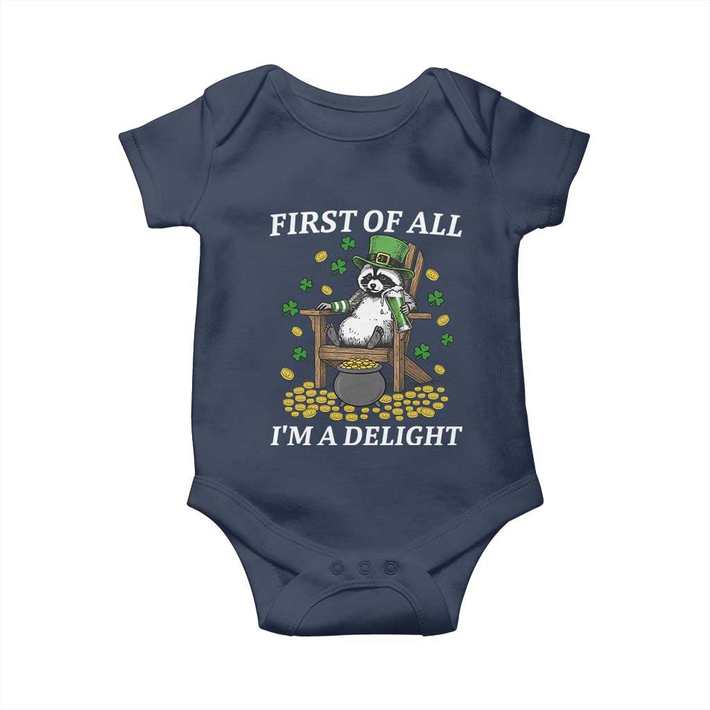 Funny St Patricks Day Raccoon Drinking Beer Baby Onesie First Of All I Am Delight