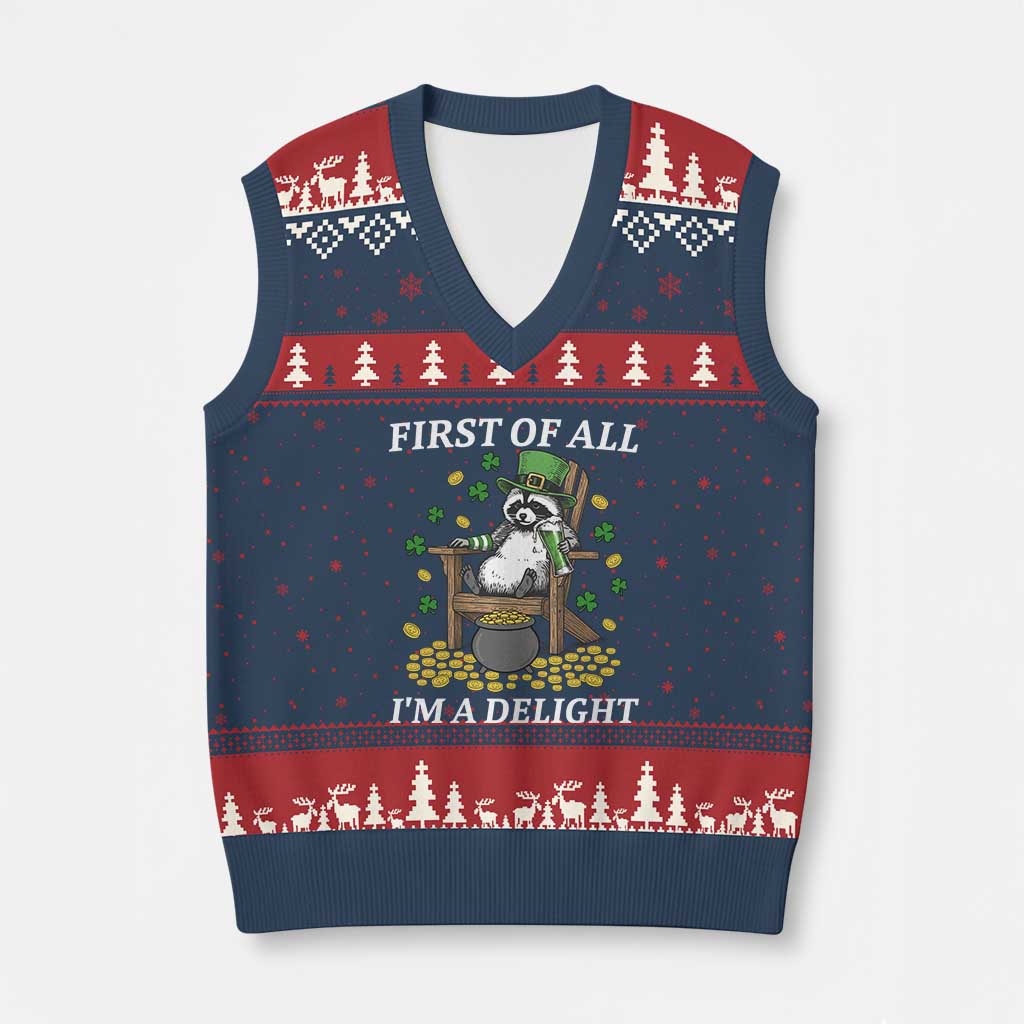 Funny St Patricks Day Raccoon Drinking Beer V-Neck Knit Sweater Vest First Of All I Am Delight
