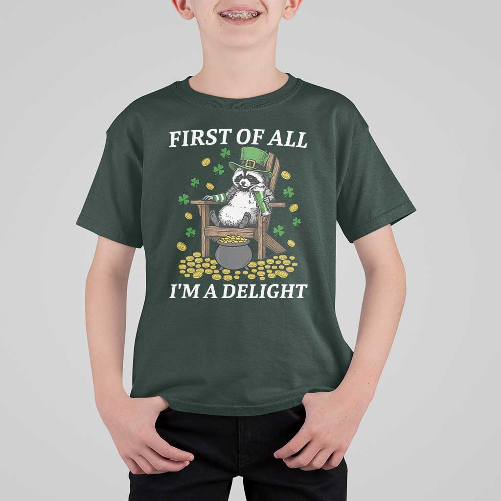 Funny St Patricks Day Raccoon Drinking Beer T Shirt For Kid First Of All I Am Delight