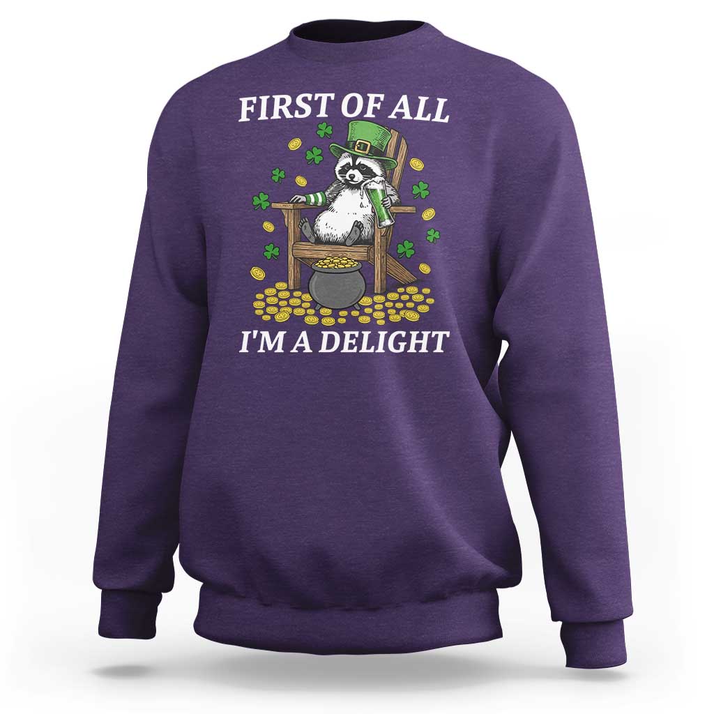 Funny St Patricks Day Raccoon Drinking Beer Sweatshirt First Of All I Am Delight