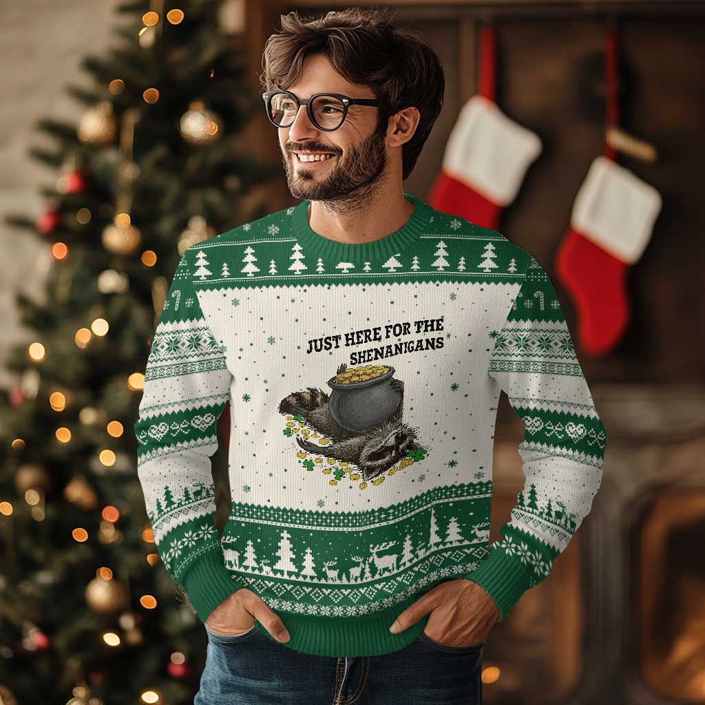Funny Raccoon St Patricks Day Meme Ugly Christmas Sweater Just Here For The Shenanigans