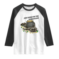 Funny Raccoon St Patricks Day Meme Raglan Shirt Just Here For The Shenanigans