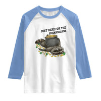 Funny Raccoon St Patricks Day Meme Raglan Shirt Just Here For The Shenanigans