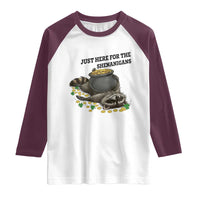 Funny Raccoon St Patricks Day Meme Raglan Shirt Just Here For The Shenanigans