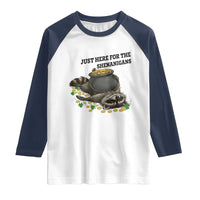 Funny Raccoon St Patricks Day Meme Raglan Shirt Just Here For The Shenanigans