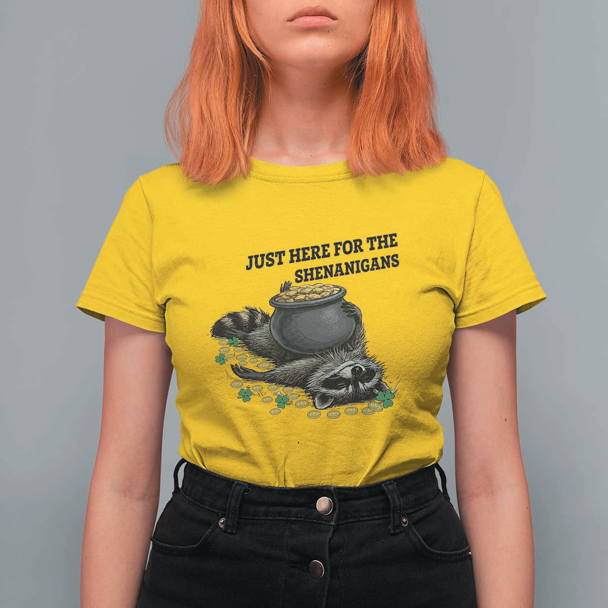 Funny Raccoon St Patricks Day Meme T Shirt For Women Just Here For The Shenanigans