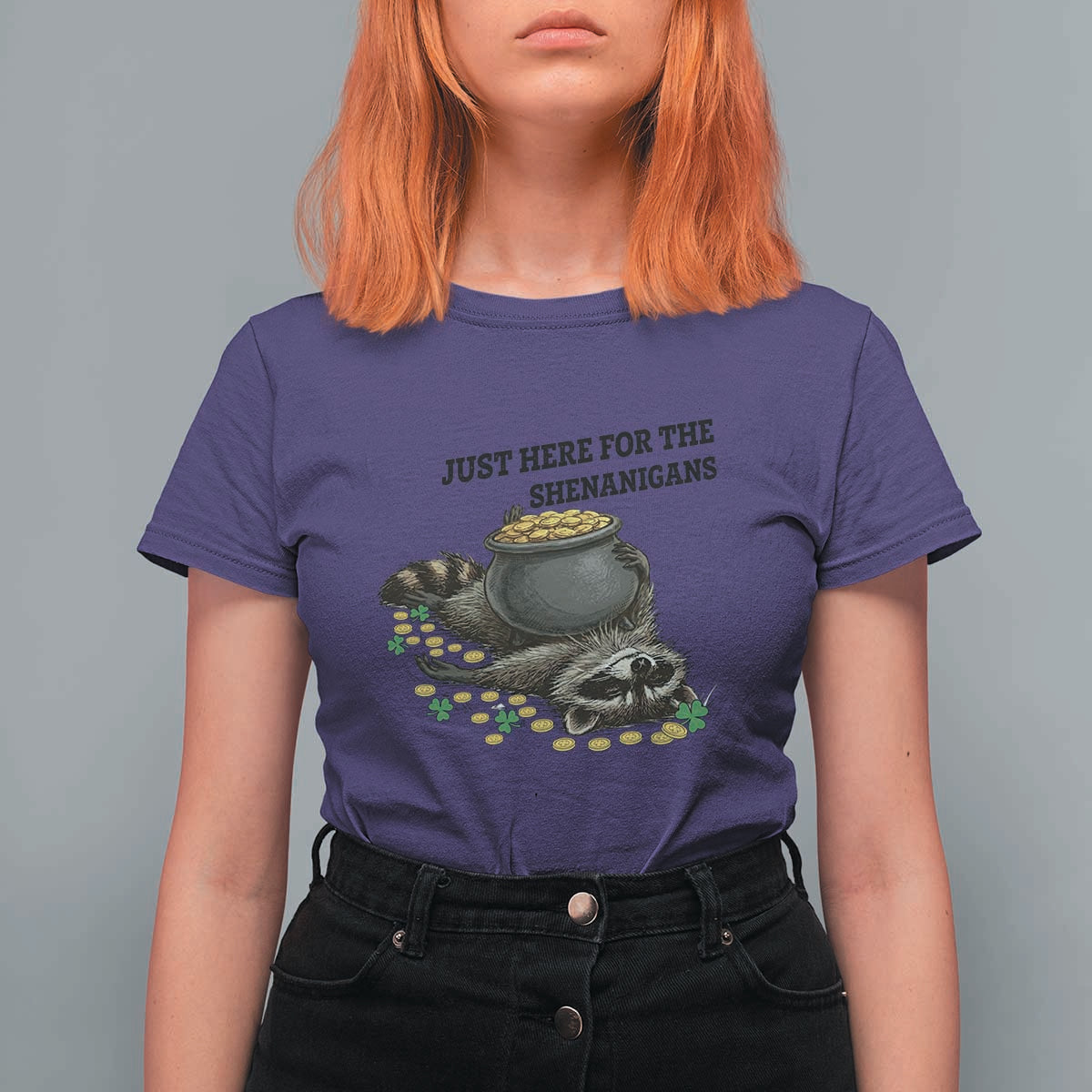 Funny Raccoon St Patricks Day Meme T Shirt For Women Just Here For The Shenanigans