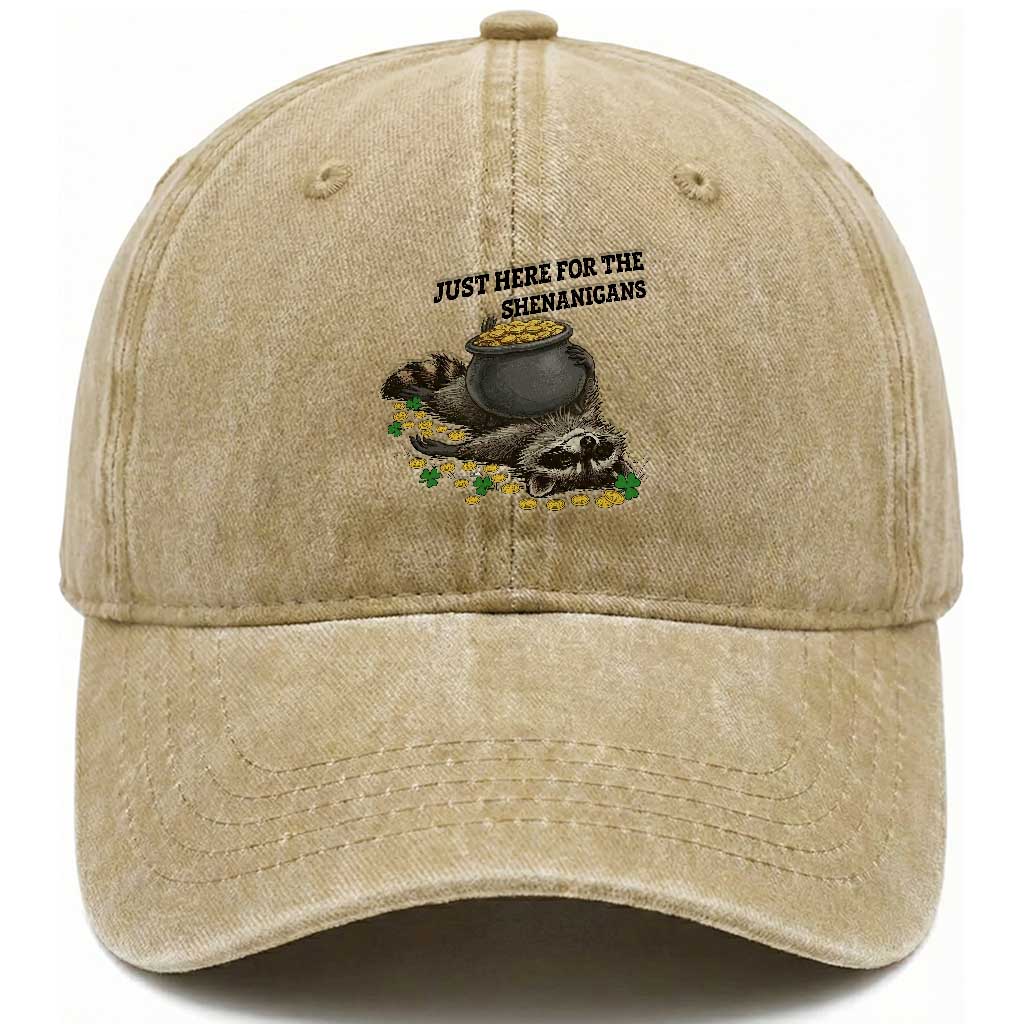 Funny Raccoon St Patricks Day Meme Washed Cotton Baseball Cap Just Here For The Shenanigans