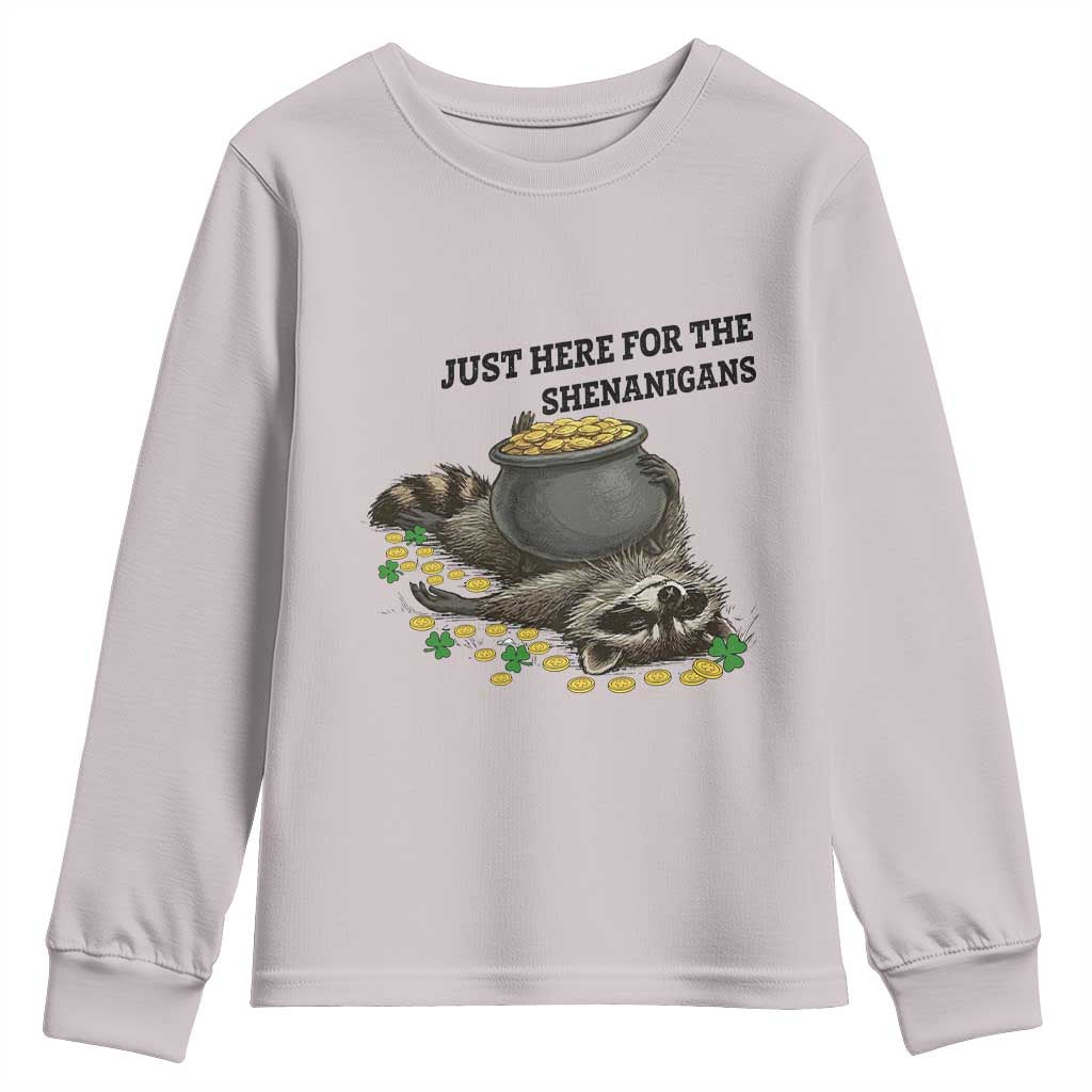 Funny Raccoon St Patricks Day Meme Youth Sweatshirt Just Here For The Shenanigans