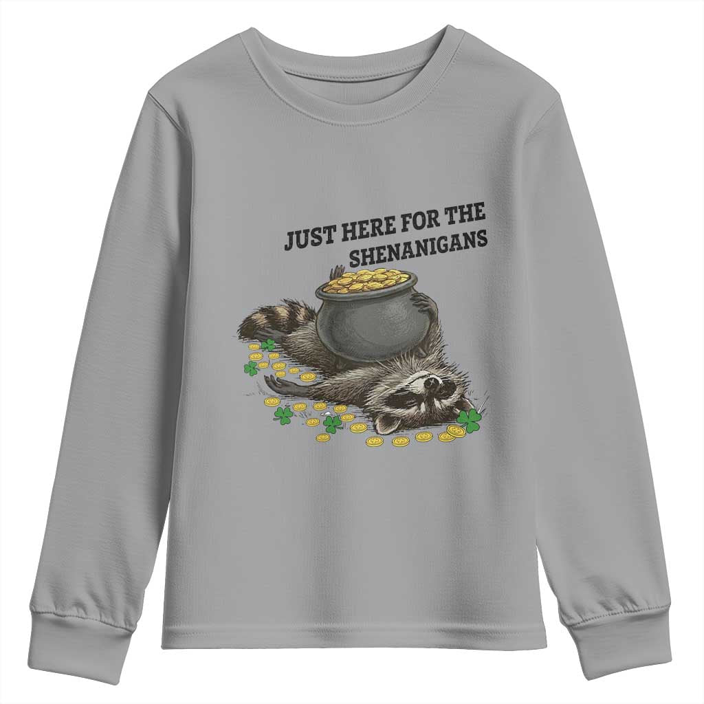 Funny Raccoon St Patricks Day Meme Youth Sweatshirt Just Here For The Shenanigans