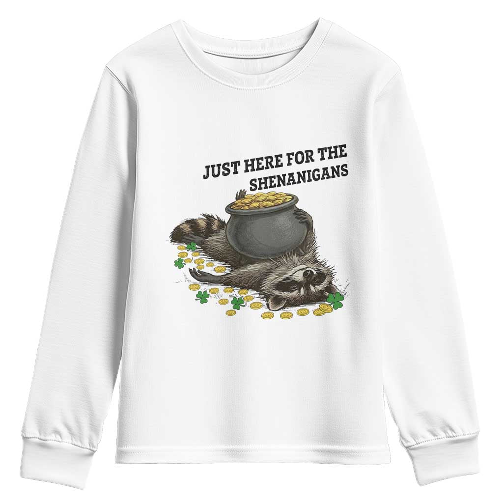 Funny Raccoon St Patricks Day Meme Youth Sweatshirt Just Here For The Shenanigans