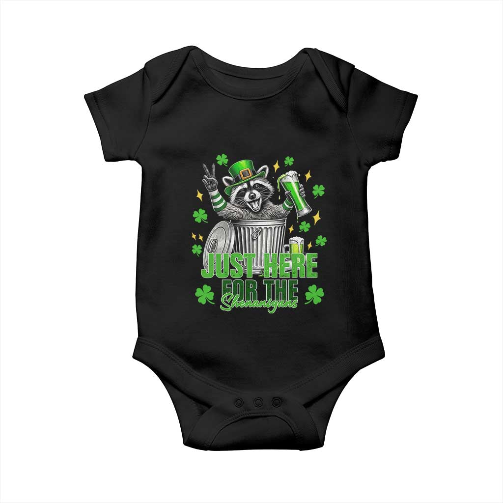 Funny Raccoon Drinking Beer St Patricks Day Baby Onesie Just Here For The Shenanigans