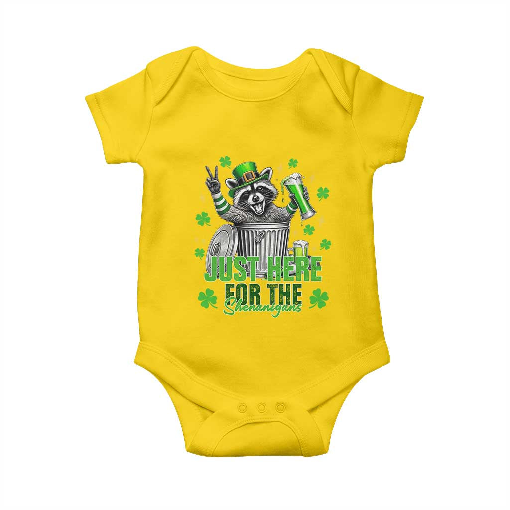 Funny Raccoon Drinking Beer St Patricks Day Baby Onesie Just Here For The Shenanigans