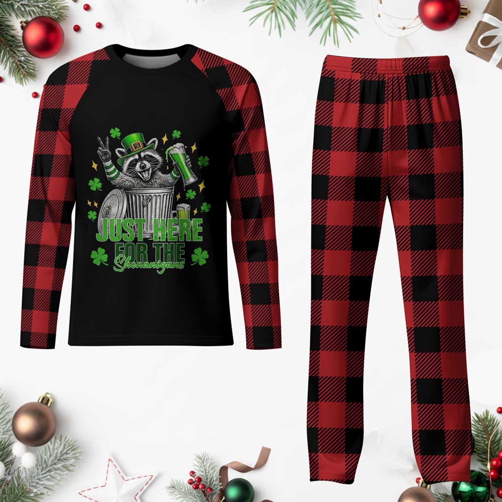 Funny Raccoon Drinking Beer St Patricks Day Plaid Pajama Set Just Here For The Shenanigans