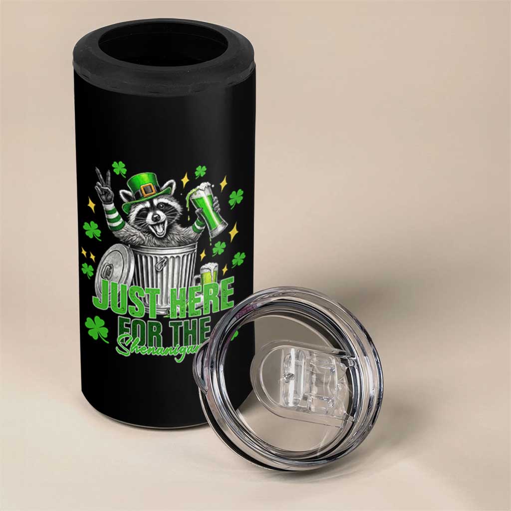 Funny Raccoon Drinking Beer St Patricks Day 4 in 1 Can Cooler Tumbler Just Here For The Shenanigans