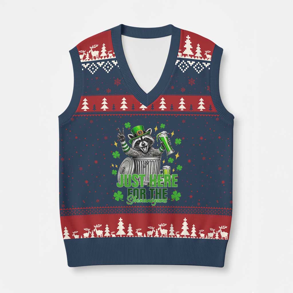 Funny Raccoon Drinking Beer St Patricks Day V-Neck Knit Sweater Vest Just Here For The Shenanigans