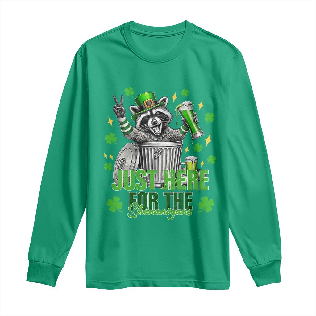 Funny Raccoon Drinking Beer St Patricks Day Long Sleeve Shirt Just Here For The Shenanigans