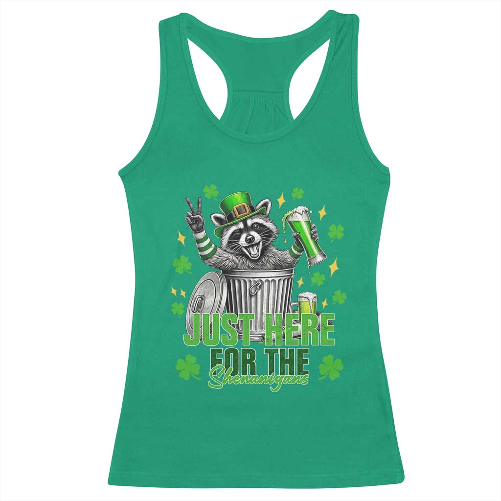 Funny Raccoon Drinking Beer St Patricks Day Racerback Tank Top Just Here For The Shenanigans