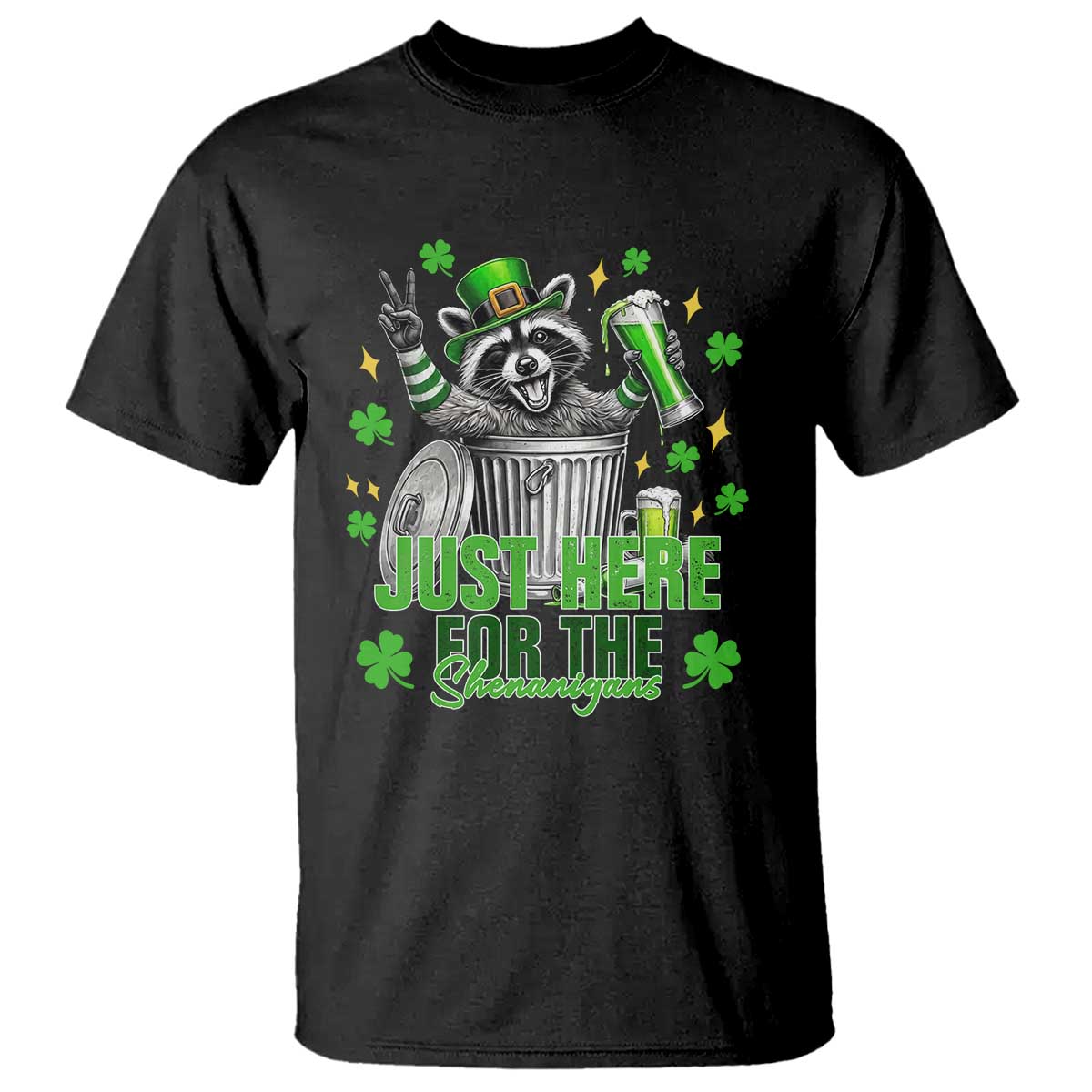 Funny Raccoon Drinking Beer St Patricks Day T Shirt Just Here For The Shenanigans