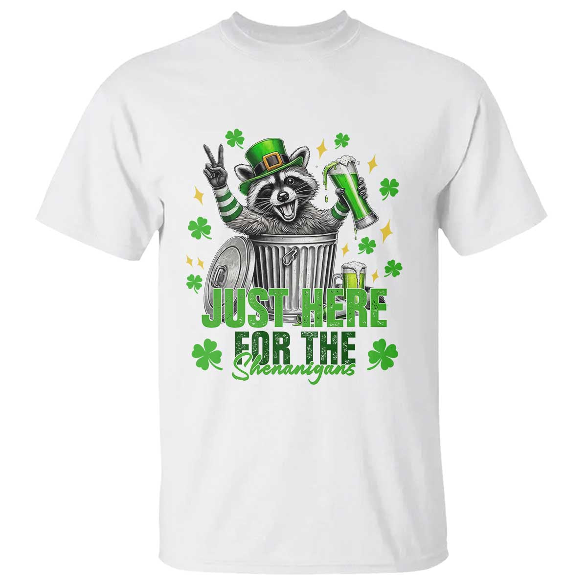 Funny Raccoon Drinking Beer St Patricks Day T Shirt Just Here For The Shenanigans