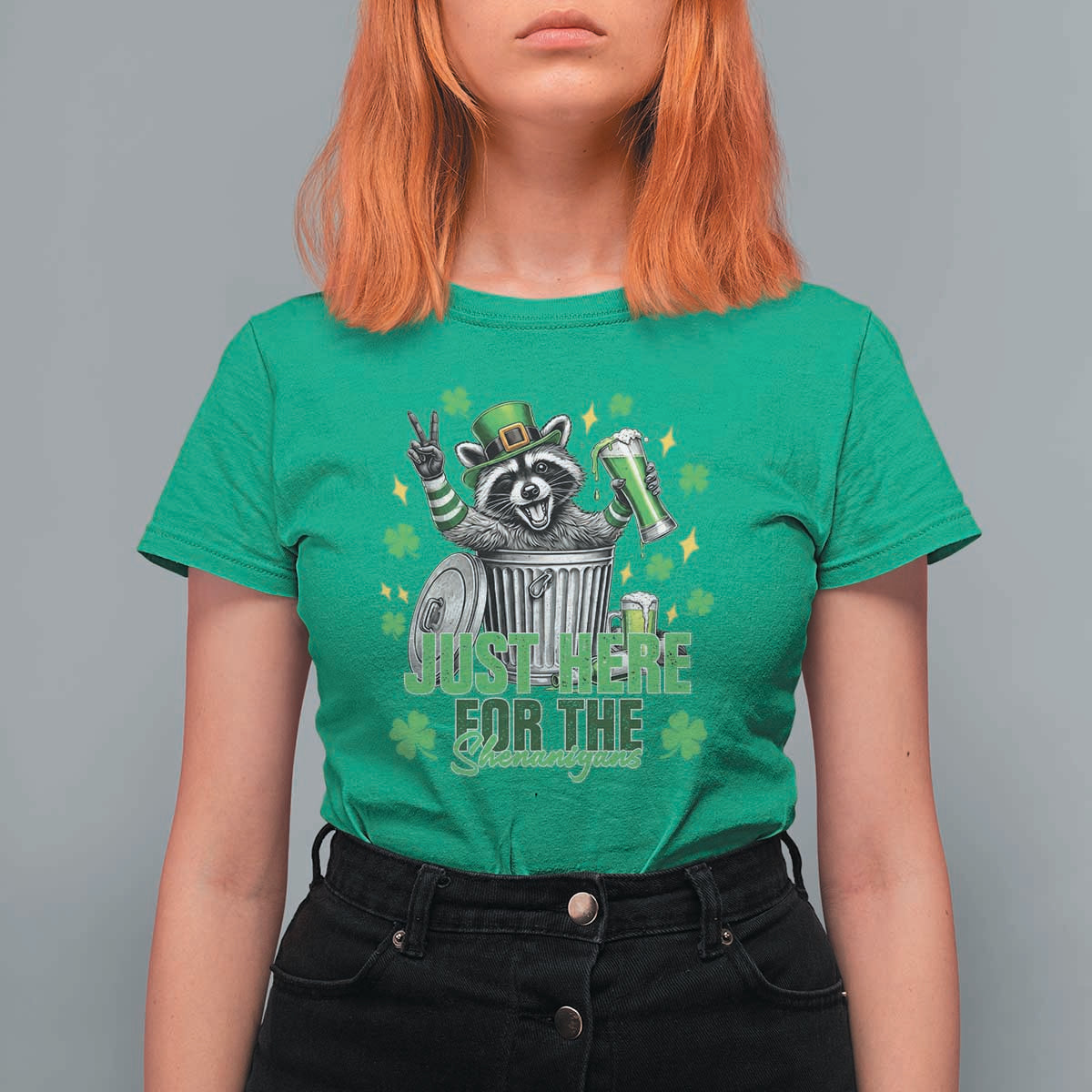 Funny Raccoon Drinking Beer St Patricks Day T Shirt For Women Just Here For The Shenanigans