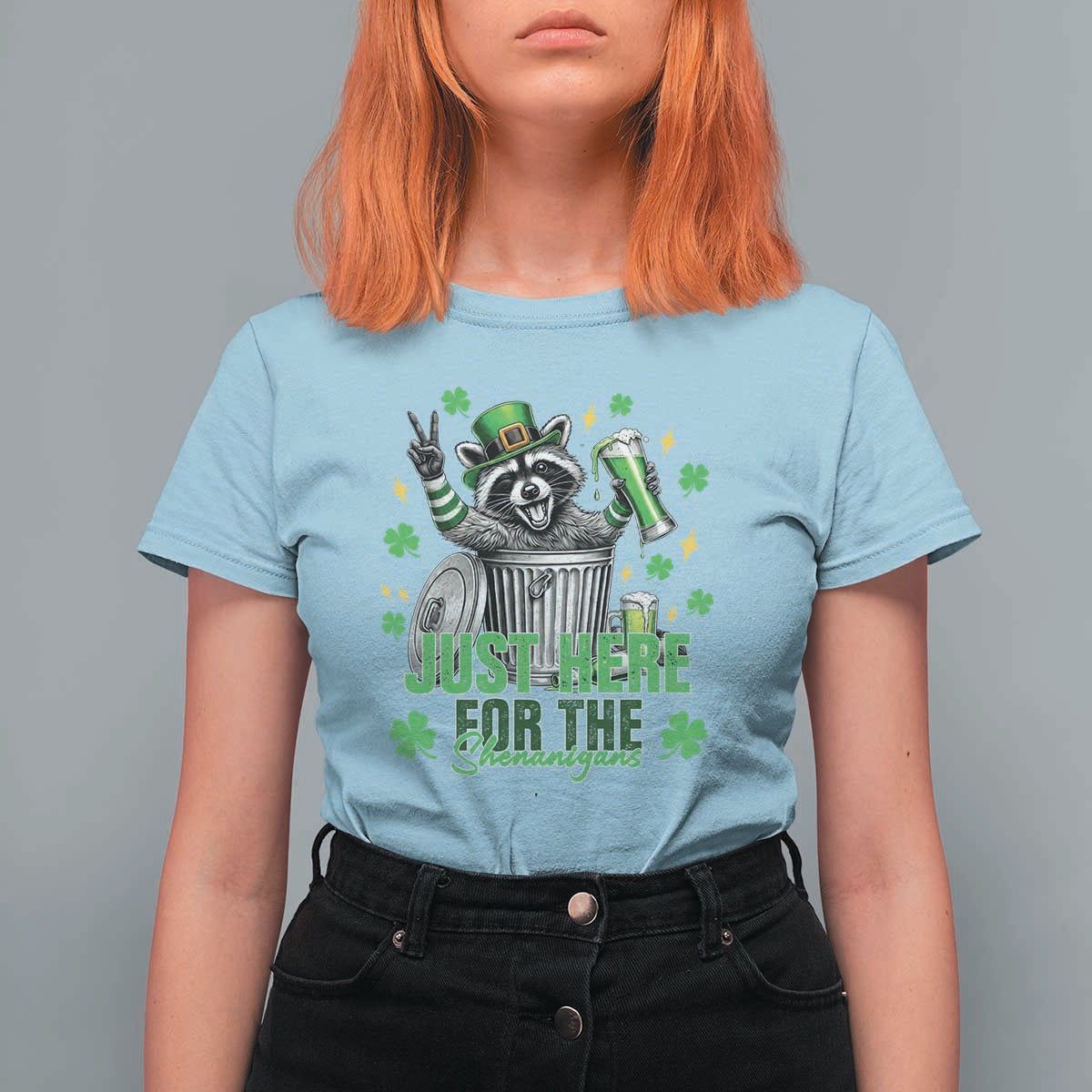 Funny Raccoon Drinking Beer St Patricks Day T Shirt For Women Just Here For The Shenanigans